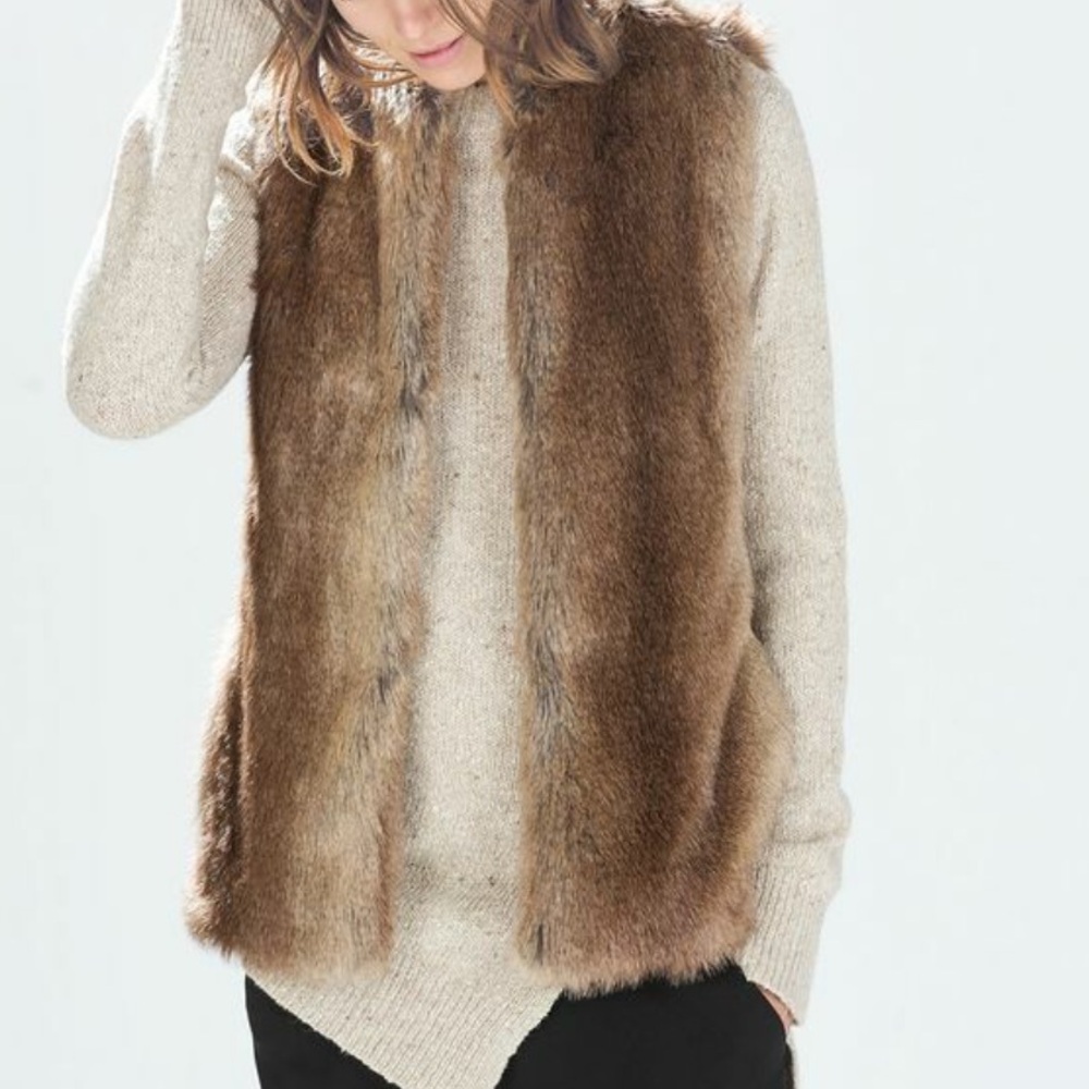Zara Trafaluc Faux Fur Vest in Brown and Tan